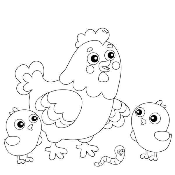 Página para colorear Esquema de dibujos animados de pollo o gallina con polluelos. Animales de granja. Libro para colorear para niños . — Vector de stock