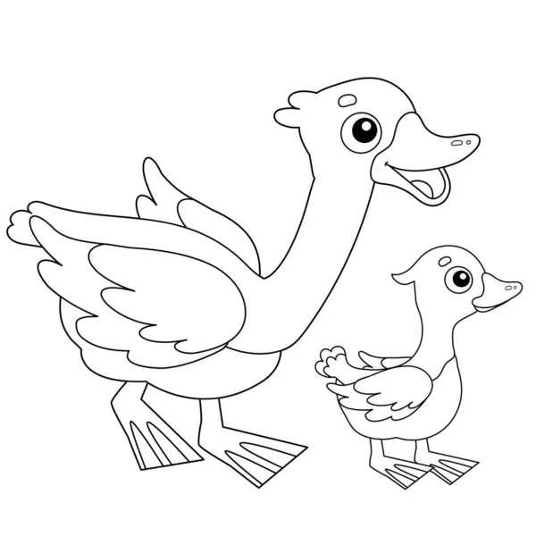 Окраска страницы Набросок карикатурного козла с гослингом. Фермерские животные. Раскраска для детей . — стоковый вектор