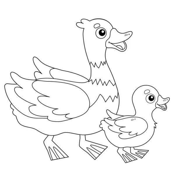 Zbarvení Page Obrys kreslené kachny s kachňátkem. Farmářská zvířata. Omalovánky pro děti. — Stockový vektor