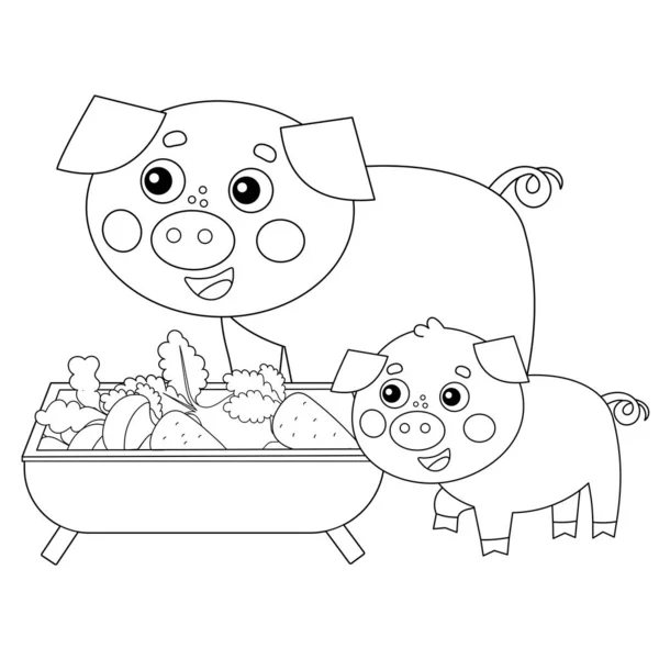 Desenho de Desenho de Desenho animado porco com porquinho. Animais de quinta. Livro para colorir para crianças . — Vetor de Stock