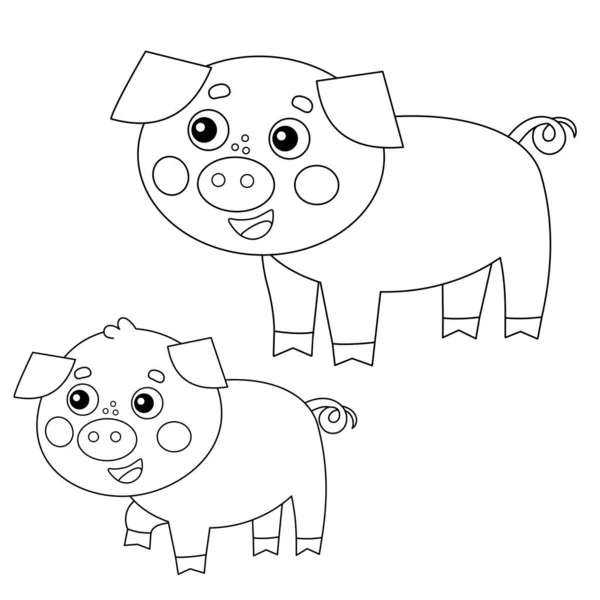 Coloriage Aperçu du cochon de dessin animé avec cochon. Animaux de ferme. Livre à colorier pour enfants . — Image vectorielle