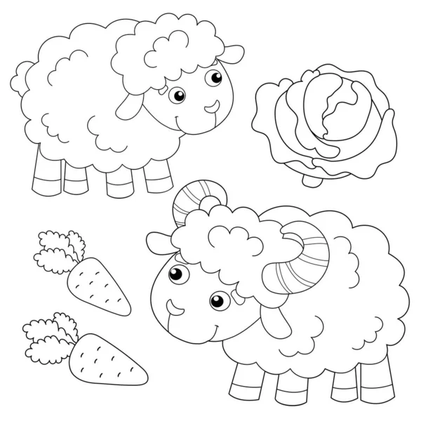 Kleurplaat Overzicht van cartoon schapen met lam. Boerderijdieren. Kleurboek voor kinderen printen online. — Stockvector