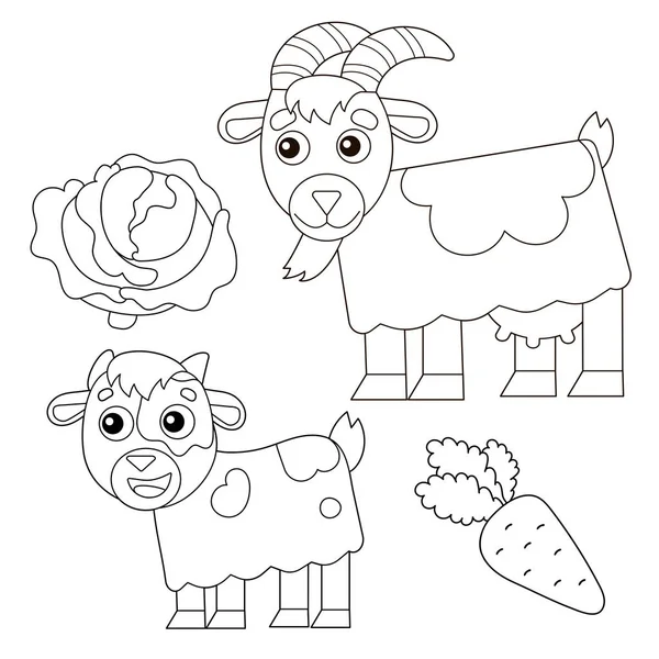Kleurplaat Overzicht van cartoon nanny geit met kind. Boerderijdieren. Kleurboek voor kinderen printen online. — Stockvector