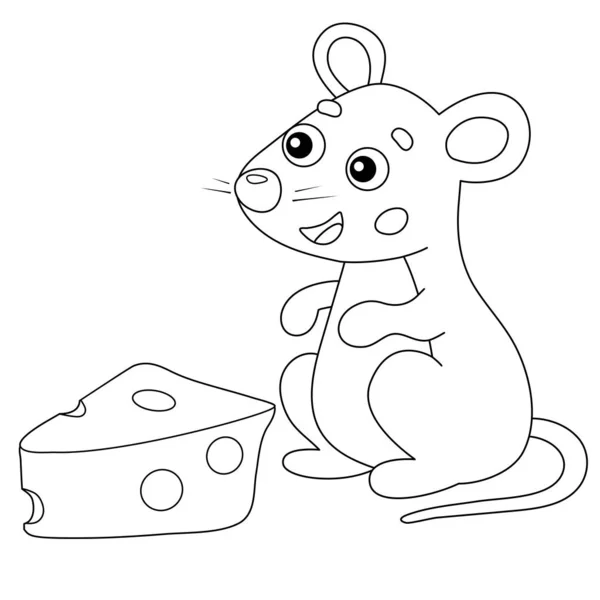 Página para colorear Esquema de ratón de dibujos animados con queso. Animales. Libro para colorear para niños . — Vector de stock