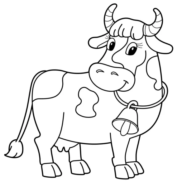 Página para colorear Esquema de la vaca de dibujos animados con campana. Animales de granja. Libro para colorear para niños . — Vector de stock