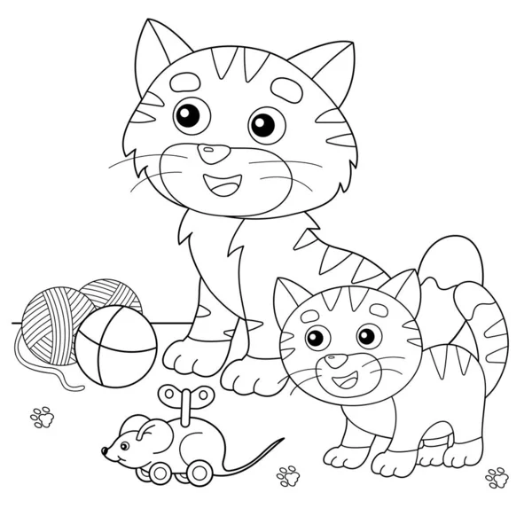 Coloriage Aperçu du chat dessin animé avec chaton et avec des jouets. Les animaux. Livre à colorier pour enfants . — Image vectorielle