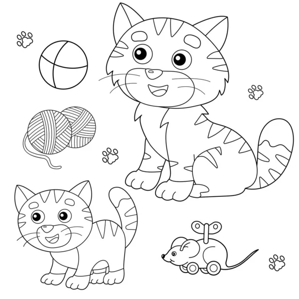 Színezés oldal Vázlatos rajzfilm macska cica és játékok. Háziállatok. Festőkönyv gyerekeknek. — Stock Vector