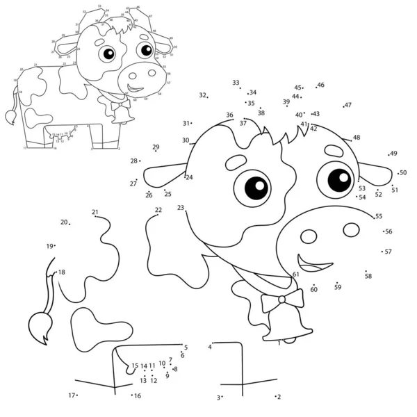 Educational Puzzle Game per bambini: gioco di numeri. Cartone animato mucca con campanello. Animali da fattoria. Libro da colorare per bambini . — Vettoriale Stock