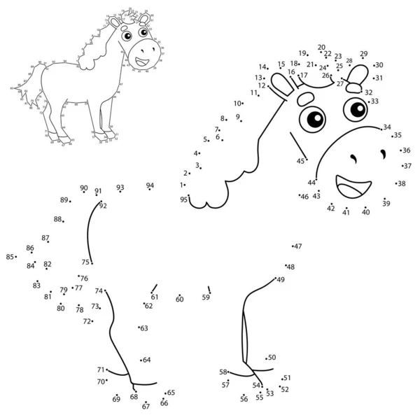 Jeu de Puzzle éducatif pour les enfants : jeu de nombres. Cheval de dessin animé. Animaux de ferme. Livre à colorier pour enfants . — Image vectorielle