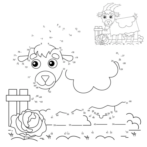 Juego de rompecabezas educativo para niños: juego de números. Cabra niñera de dibujos animados. Animales de granja. Libro para colorear para niños . — Vector de stock