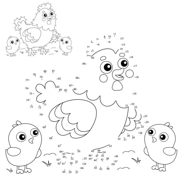 Educational Puzzle Game for kids: numbers game. Cartoon chicken or hen with chicks. Farm animals. Coloring book for children. — Stock Vector