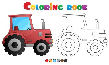 Çizgi film traktörünün renklendirme sayfası. Nakliye aracı. Çocuklar için boyama kitabı.