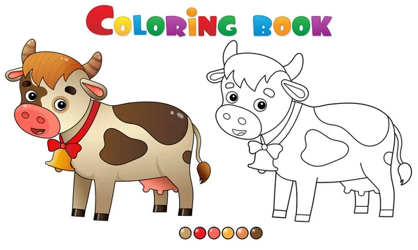 Desenho da página de colorir da vaca dos desenhos animados com sino. Animais de quinta. Livro para colorir para crianças . — Vetor de Stock