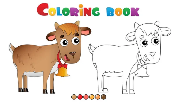 Página para colorear Esquema de dibujos animados niño de cabra con campana. Animales de granja. Libro para colorear para niños . — Vector de stock