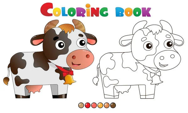 Desenho da página de colorir da vaca dos desenhos animados com sino. Animais de quinta. Livro para colorir para crianças . — Vetor de Stock