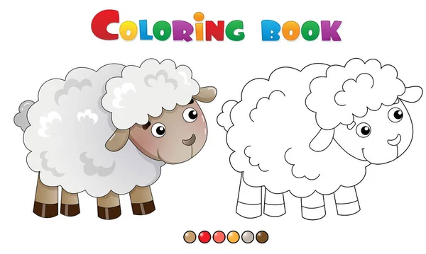Desenho da página de colorir de ovelhas dos desenhos animados. Animais de quinta. Livro para colorir para crianças . — Vetor de Stock
