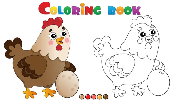 Disegno da colorare Contorno del pollo o della gallina del fumetto con l'uovo. Animali da fattoria. Libro da colorare per bambini . — Vettoriale Stock
