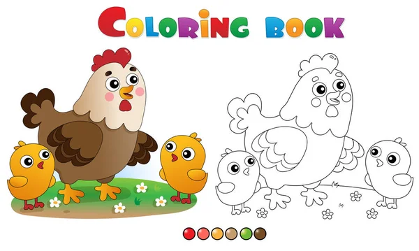 Desenho de desenhos animados frango ou galinha com pintos. Animais de quinta. Livro para colorir para crianças . —  Vetores de Stock