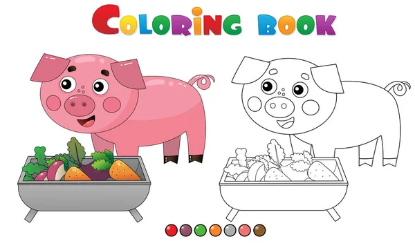 Página para colorear Esquema de cerdo de dibujos animados o cerdos con comida. Animales de granja. Libro para colorear para niños . — Vector de stock