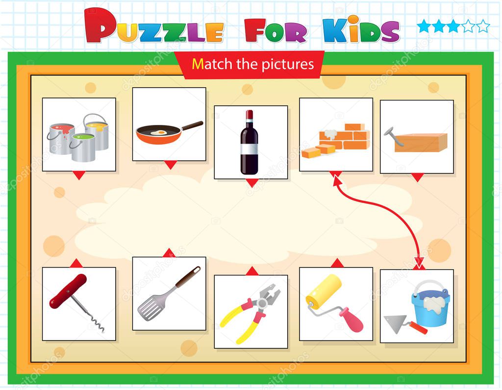 Matching game, education game for children. Puzzle for kids. Match the right object. 
