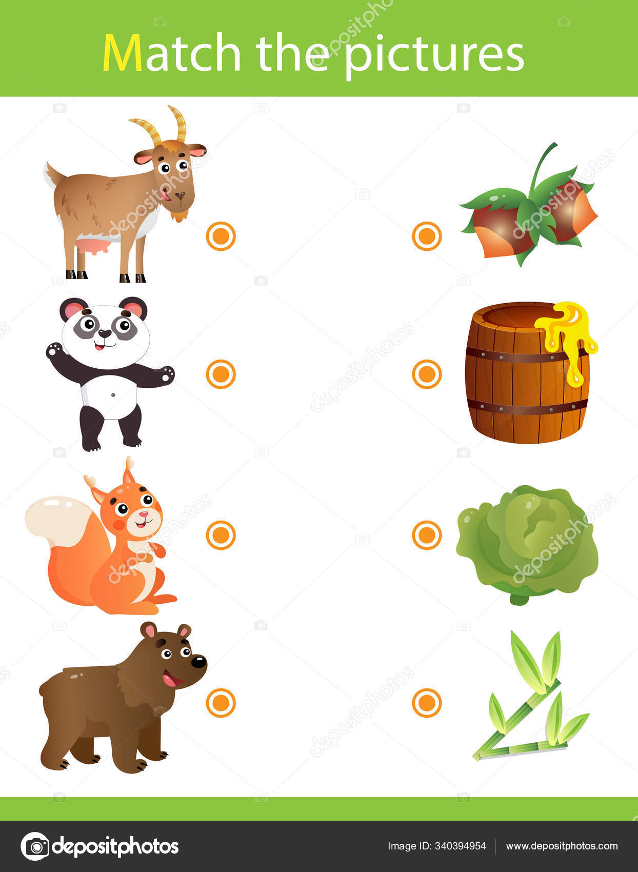 Matching game, education game for children. Puzzle for kids. Match the  right object. Cartoon Animals and their Favorite Food. Goat, panda,  squirrel, bear. Stock Vector Image by ©Oleon17 #340394954