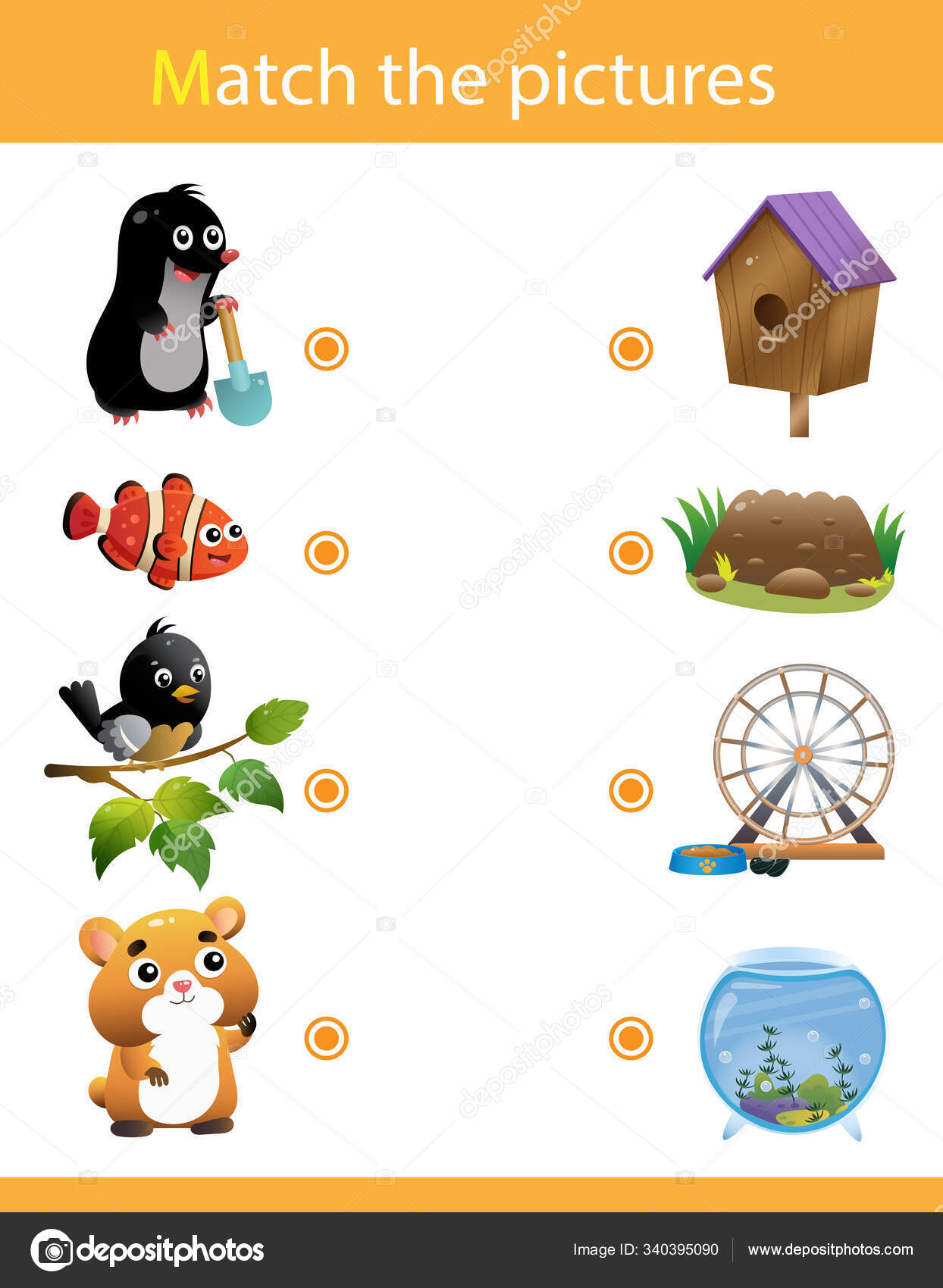 Matching game, education game for children. Puzzle for kids. Match the  right object. Cartoon animals with their homes. Mole, fish, bird, hamster.  Stock Vector Image by ©Oleon17 #340395090