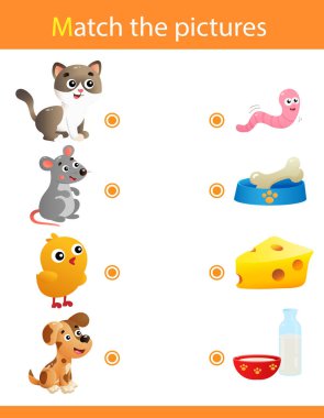 Matching game, education game for children. Puzzle for kids. Match the right object. Cartoon Animals and their Favorite Food. Cat, mouse, chicken, dog.