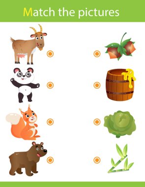 Matching game, education game for children. Puzzle for kids. Match the right object. Cartoon Animals and their Favorite Food. Goat, panda, squirrel, bear.
