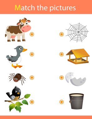 Matching game, education game for children. Puzzle for kids. Match the right object. Cartoon Animals. Cow, goose, spider, bird.