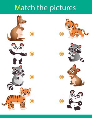Matching game, education game for children. Puzzle for kids. Match the right object. Cartoon animals with their young. Kangaroo, panda, raccoon, tiger.