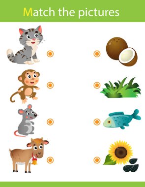 Matching game, education game for children. Puzzle for kids. Match the right object. Cartoon Animals and their Favorite Food. Cat, monkey, mouse, goat.