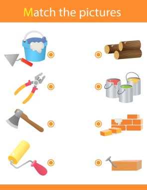 Eşleştirme oyunu, çocuklar için eğitim oyunu. Çocuklar için bulmaca. Doğru nesneyi eşleştir. Araçlar kümesi.