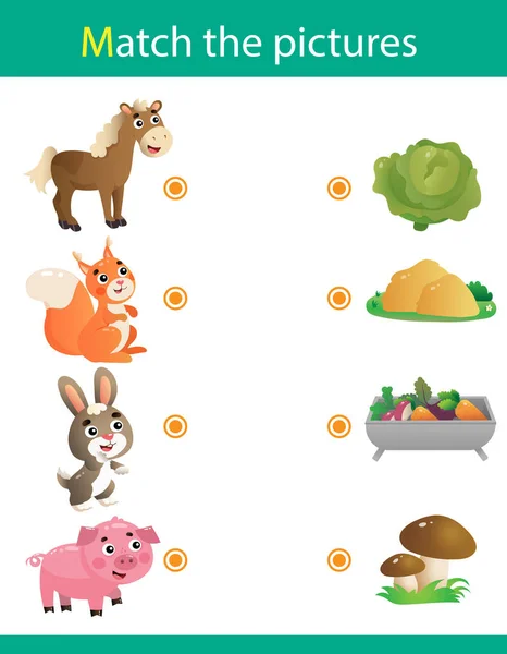 Matching game, education game for children. Puzzle for kids. Match the right object. Cartoon Animals and their Favorite Food. Horse, squirrel, hare, pig. — ストックベクタ