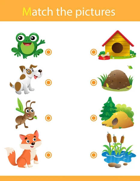 Matching game, education game for children. Puzzle for kids. Match the right object. Cartoon animals with their homes. Frog, dog, ant, fox.