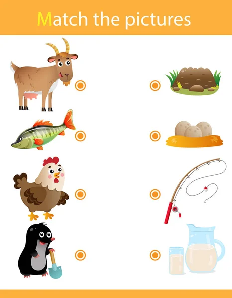 Jogo de correspondência, jogo de educação para crianças. Puzzle para crianças. Combina com o objecto certo. Cartoon Animals. Cabra, peixe, frango, toupeira . —  Vetores de Stock