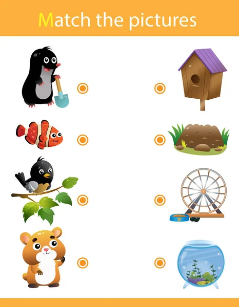 Matching game, education game for children. Puzzle for kids. Match the right object. Cartoon animals with their homes. Mole, fish, bird, hamster. — Stok Vektör