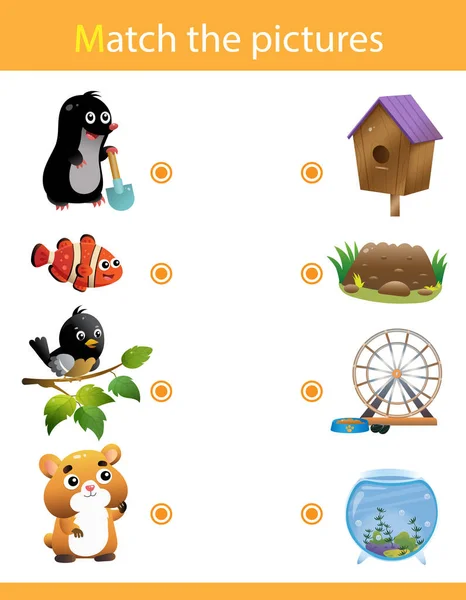 Matching game, education game for children. Puzzle for kids. Match the right object. Cartoon animals with their homes. Mole, fish, bird, hamster.
