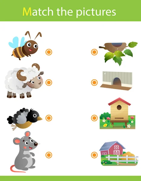 Jogo de correspondência, jogo de educação para crianças. Puzzle para crianças. Combina com o objecto certo. Animais de desenhos animados com suas casas. Abelha, ovelha, pássaro, rato . —  Vetores de Stock