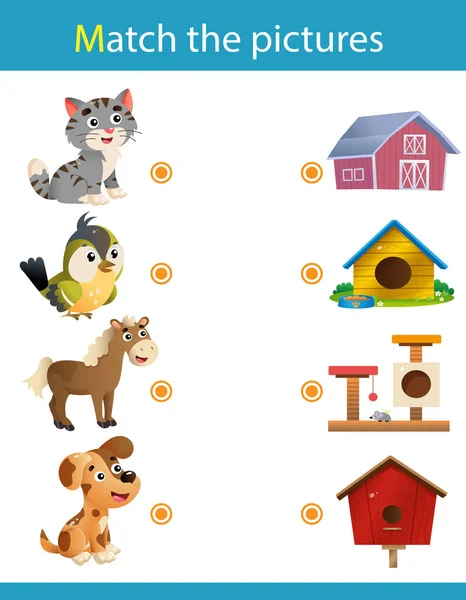 Matching game, education game for children. Puzzle for kids. Match the right object. Cartoon animals with their homes. Cat, bird, horse, dog. — Stock vektor