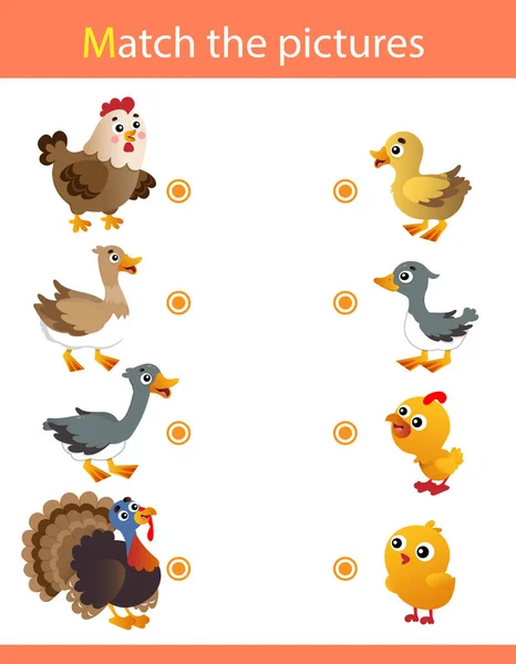 Matching game, education game for children. Puzzle for kids. Match the right object. Cartoon animals with their young. Chicken, duck, goose, turkey. — Stock vektor