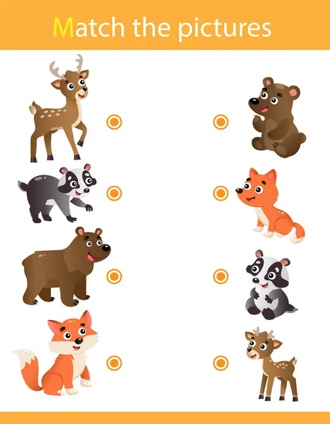 Juego a juego, juego de educación para niños. Puzzle para niños. Coincide con el objeto correcto. Animales de dibujos animados con sus crías. Ciervo, tejón, zorro, oso . — Vector de stock