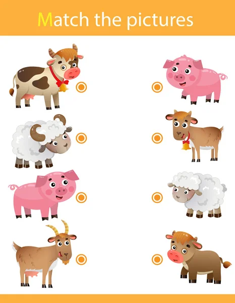 Matching game, education game for children. Puzzle for kids. Match the right object. Cartoon animals with their young. Cow, sheep, pig, goat. — ストックベクタ