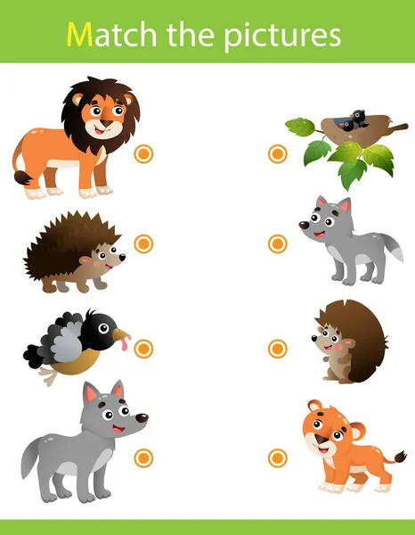 Jogo de correspondência, jogo de educação para crianças. Puzzle para crianças. Combina com o objecto certo. Animais de desenhos animados com suas crias. Leão, pássaro, ouriço, lobo . —  Vetores de Stock