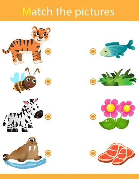 Gioco di corrispondenza, gioco di educazione per bambini. Puzzle per bambini. Corrisponde all'oggetto giusto. Animali dei cartoni animati e il loro cibo preferito. Tigre, ape, zebra, foca . — Vettoriale Stock