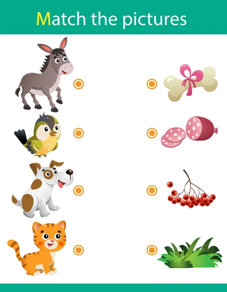 Matching game, education game for children. Puzzle for kids. Match the right object. Cartoon Animals and their Favorite Food. Donkey, bird, dog, cat. — ストックベクタ