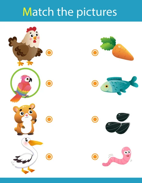 Matching game, education game for children. Puzzle for kids. Match the right object. Cartoon Animals and their Favorite Food. Chicken, parrot, hamster, pelican. — 스톡 벡터