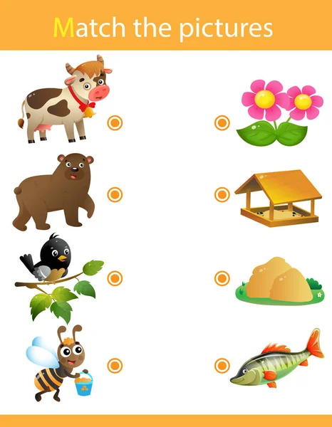 Matching spel, onderwijs spel voor kinderen. Puzzel voor kinderen. Match met het juiste object. Cartoon Animals en hun favoriete eten. Koe, beer, vogel, bij. — Stockvector