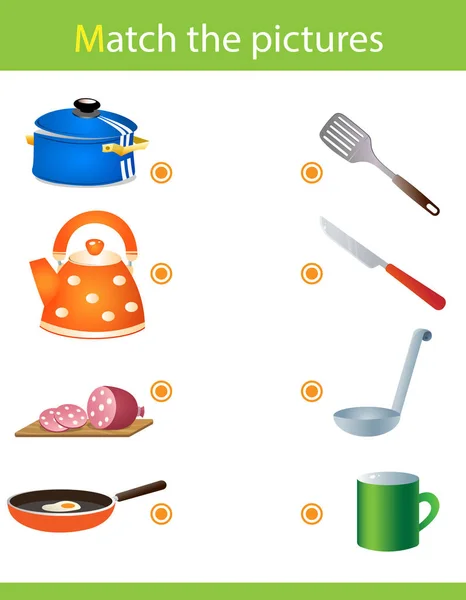 Matching game, education game for children. Puzzle for kids. Match the right object. Foods. Tableware and cookware. — 스톡 벡터
