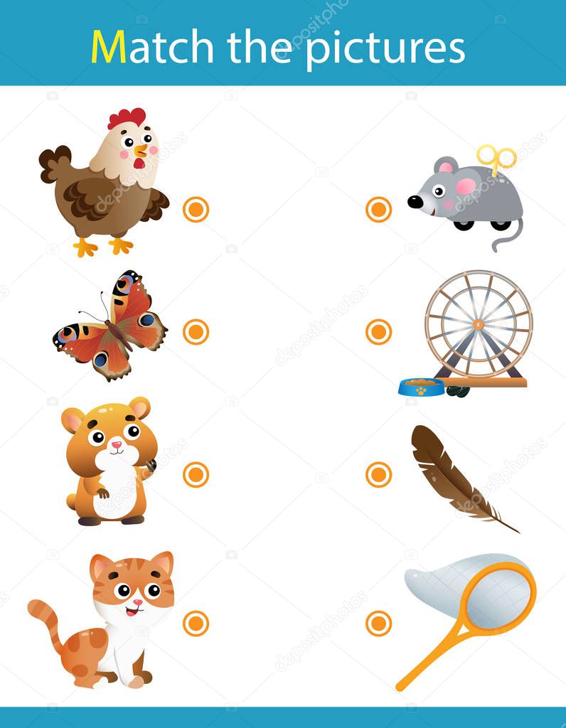 Matching game, education game for children. Puzzle for kids. Match the right object. Cartoon Animals. Chicken, butterfly, hamster, cat.
