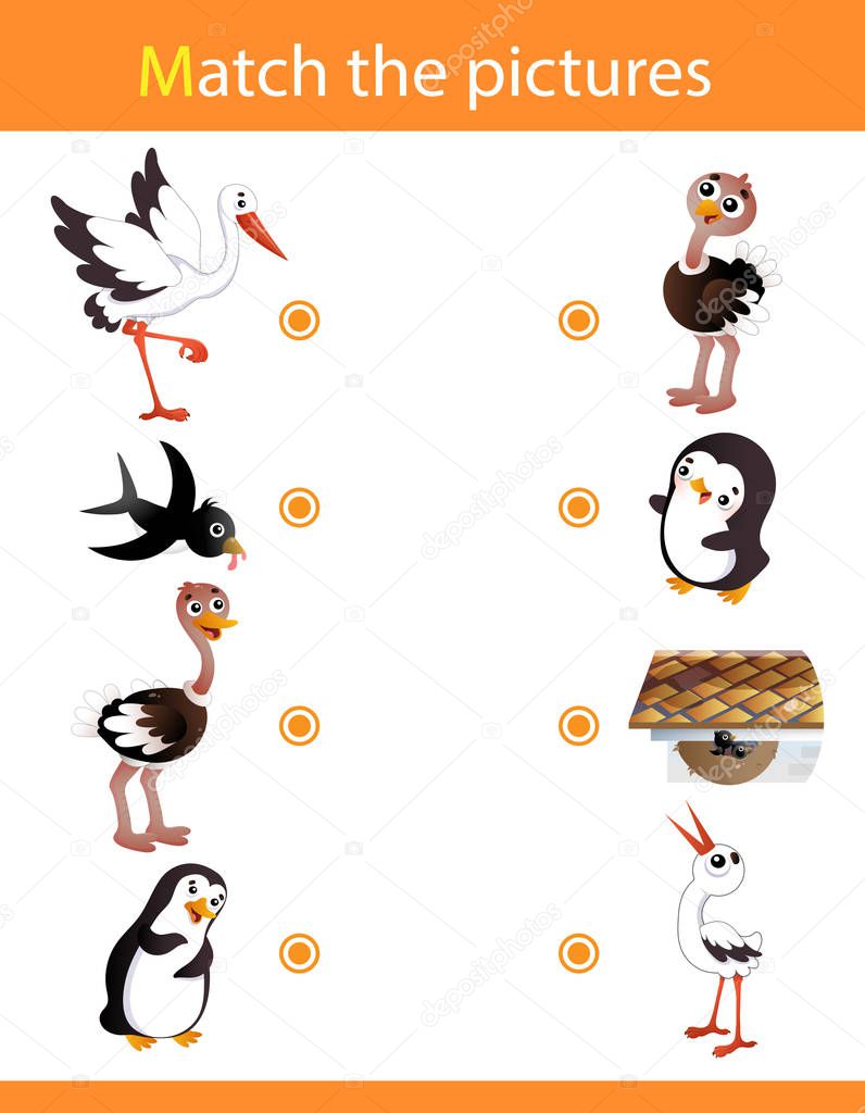 Matching game, education game for children. Puzzle for kids. Match the right object. Cartoon animals with their young. Stork, swallow, ostrich, penguin.